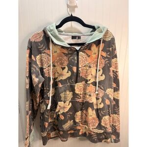 Ampersand Avenue Floral Quarter Zip Hoodie XXL Grey Lily Pullover Sweatshirt